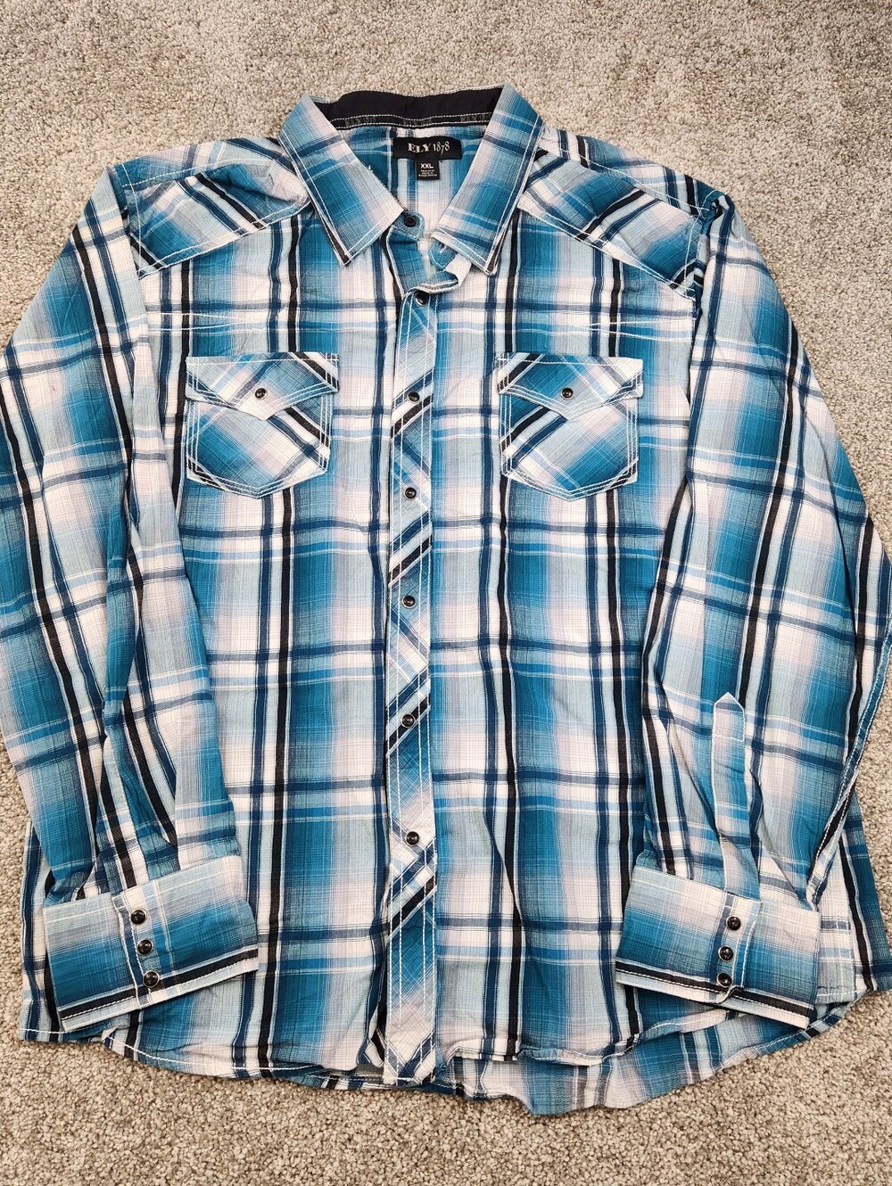 ELY 1878 Western Shirt Mens XXL Blue Plaid Pearl Snap Cotton Cowboy Workwear